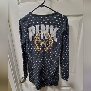PINK Victoria's Secret Top Gray Gold Crest Long-Sleeve Dog Glitter Logo Bling